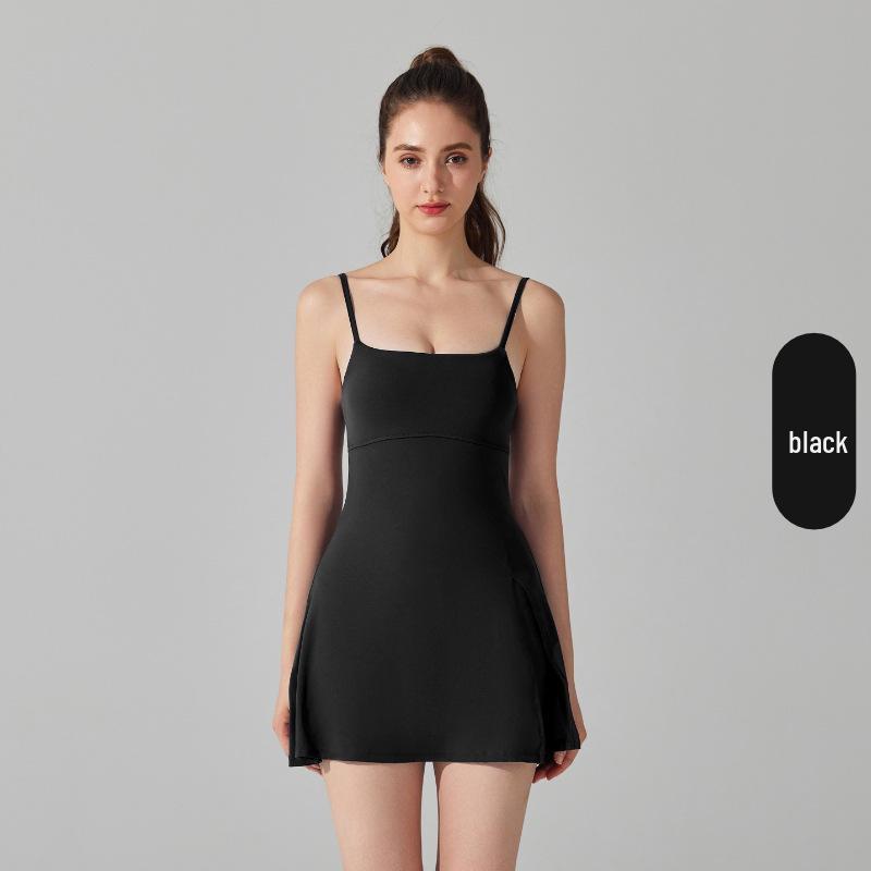 

Спортивное платье через границу с защитой от просвечивания и с нагрудными вкладышами: Дышащий уличный теннисный комбинезон для йоги с модным дизайном спины L (Includes Leggings)