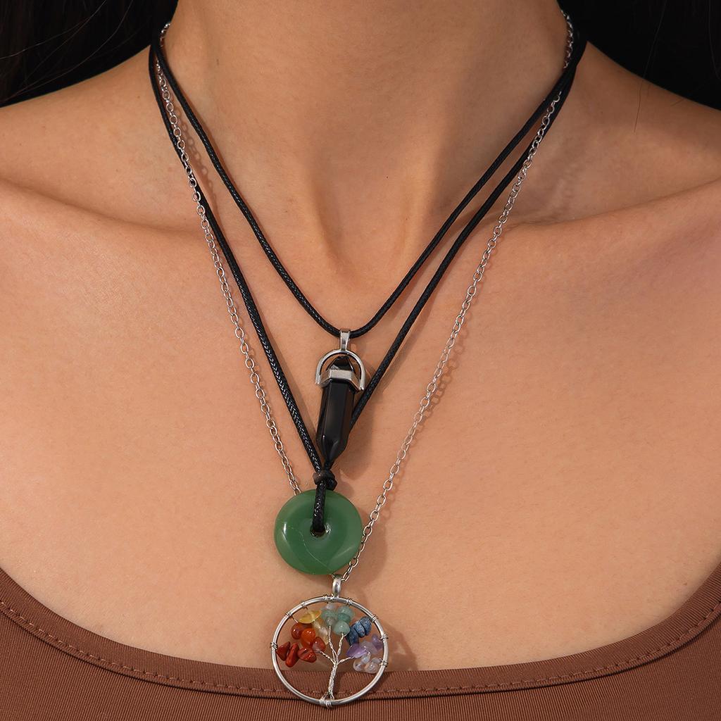 Personalized Safety Buckle Leather Wax Thread Necklace, Retro Stacked Colored Crystal Tree Pendant Necklace