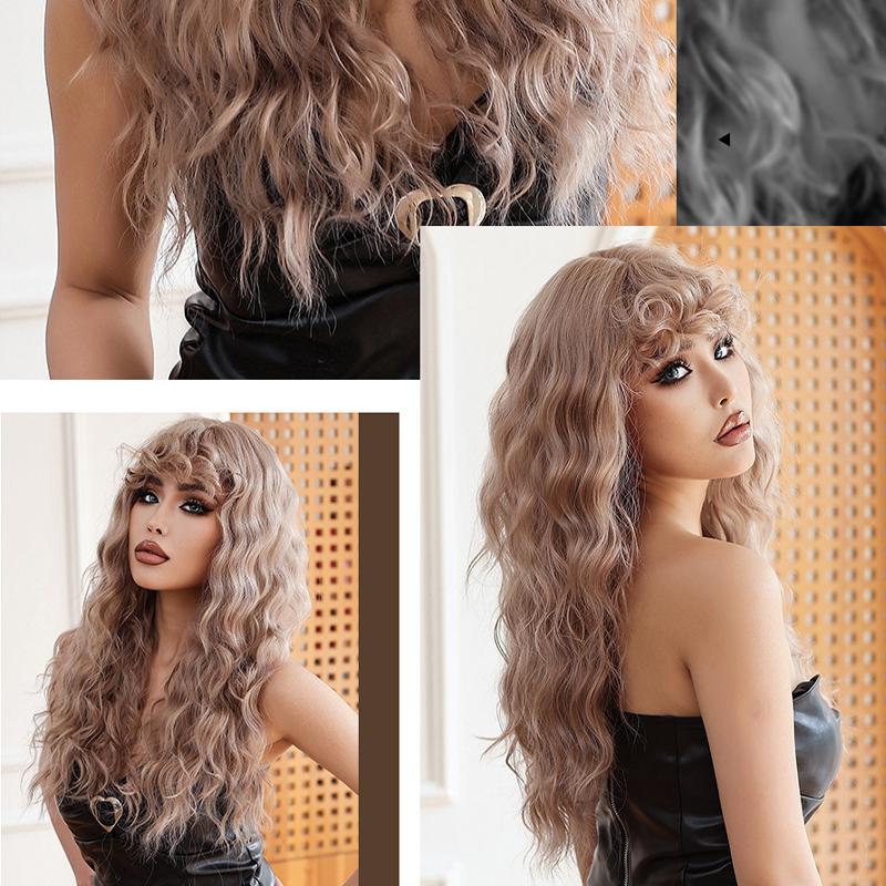 Parrucca Lunga Riccia Moda Donna, Ricci in Lana Biondo Platino Frangia ad Aria Capelli Sintetici in Fibra ad Alta Temperatura