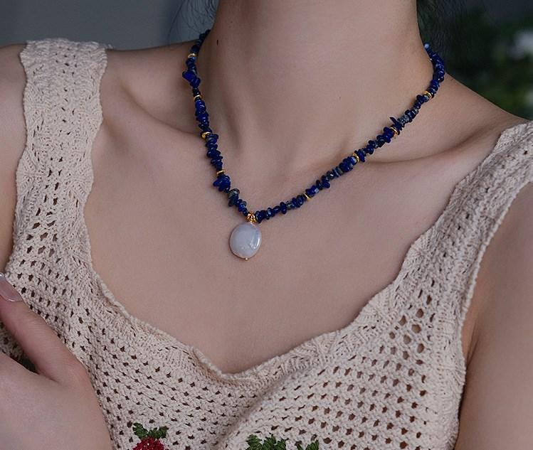 Nowość Modny Kamień Lapis Lazuli Naturalna Perła Słodkowodna Barokowa Naszyjnik z Wisiorkiem Damski Na Prezent na Dzień Matki