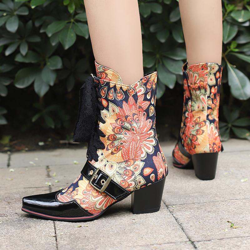 2025 Plus Size Peacock Printed Floral Fabric Patchwork Patent Leather Lace Up Women's Short Boots Belt Buckle Flower Ankle Boots