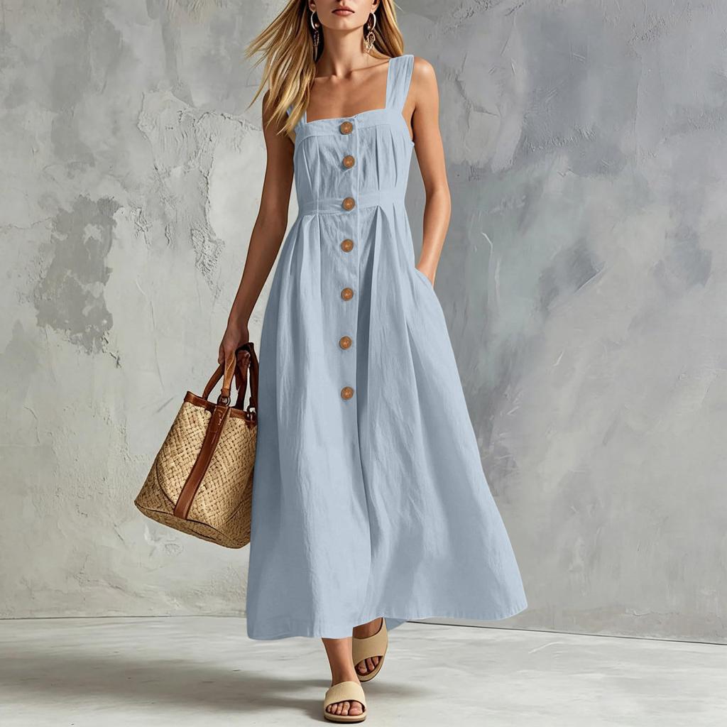 Women Sleeveless Button Front Maxi Dress Casual Long Dress with Pockets Lightweight Summer Sundress