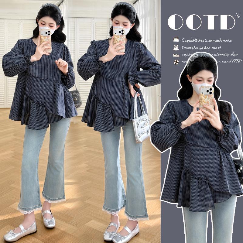 2026 Spring Maternity Plaid Loose-Fit Retro Navy Doll Top XL