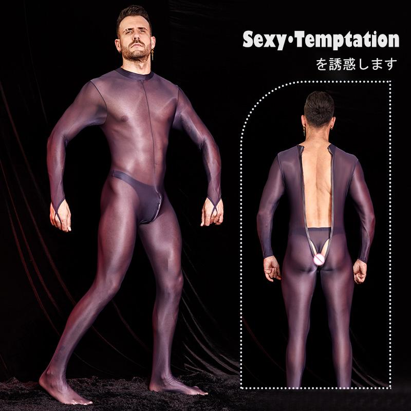 Tuta da uomo sexy, collant lucidi e lucidi, maniche lunghe, tute elastiche alte, body esotico, tuta sottile e trasparente, calze autoreggenti