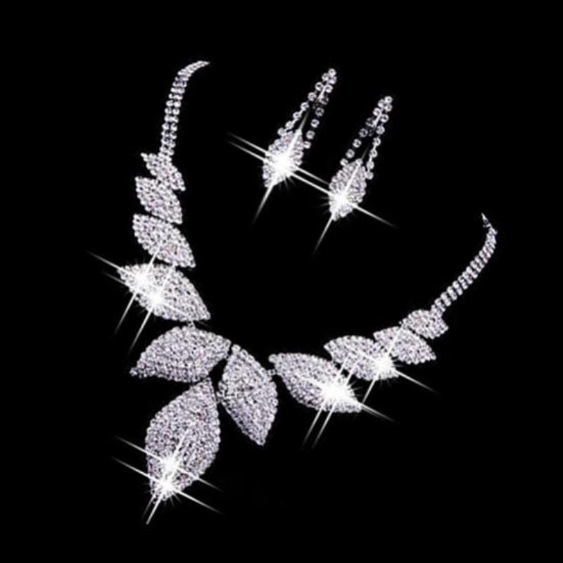 Women Fashion Charm Leaf Necklace Earrings Jewelry Set for Wedding Party