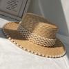 Natural Wheat Straw Boater Fedora Top Hat Women Summer Beach Flat Brim Cap Pearl Accessories For Holiday Party Trendy Sun Hats