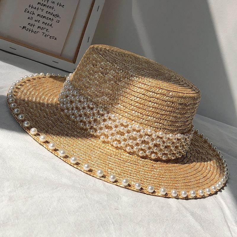 Natural Wheat Straw Boater Fedora Top Hat Women Summer Beach Flat Brim Cap Pearl Accessories For Holiday Party Trendy Sun Hats