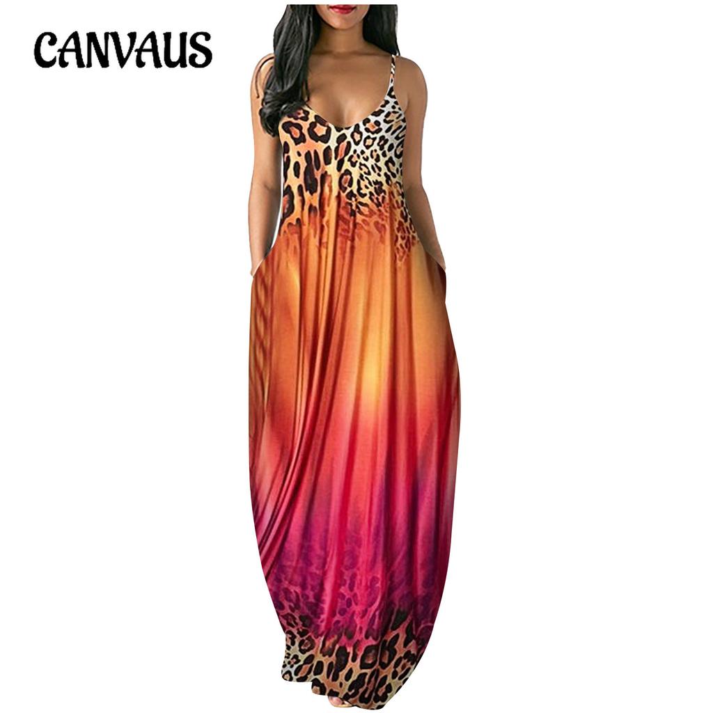 Sommer damekjole Uformelt trykt kjole Gradientfarger Halter lange løse kjoler