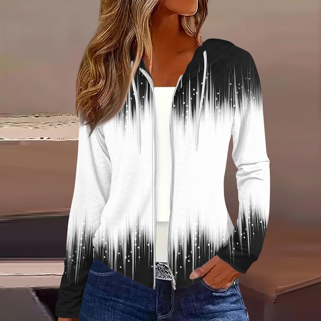 Women's Fashion Casual Zip Up Hooded Print Long Sleeve Sweatshirts Coat