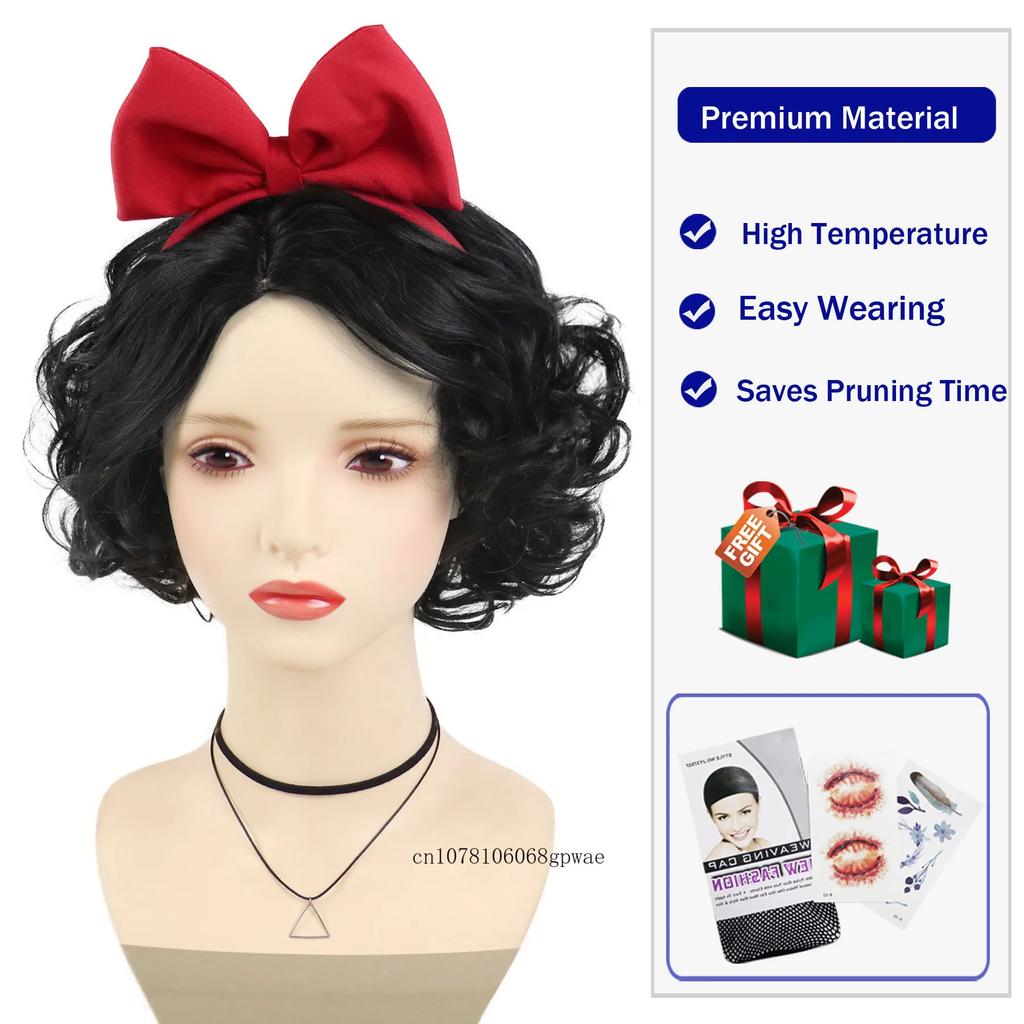 Short Black Curly Synthetic Wig for Women Snow White Cosplay Wigs with Red Bow Costume Anime Wig Halloween Party Heat Resistant