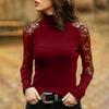 Autumn Winter High Collar Lace Patchwork Sexy Bottomed T-shirt Women Long Sleeve Solid Color Pullover Tee Top
