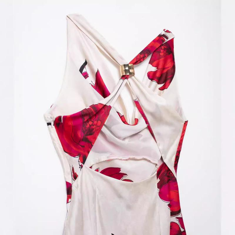 Summer European & American Women's Silk Satin Print Midi Dress