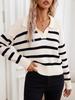 Retro Striped Polo Collar Wool Sweater for Women - Loose, Versatile Lapel Knitwear for Autumn