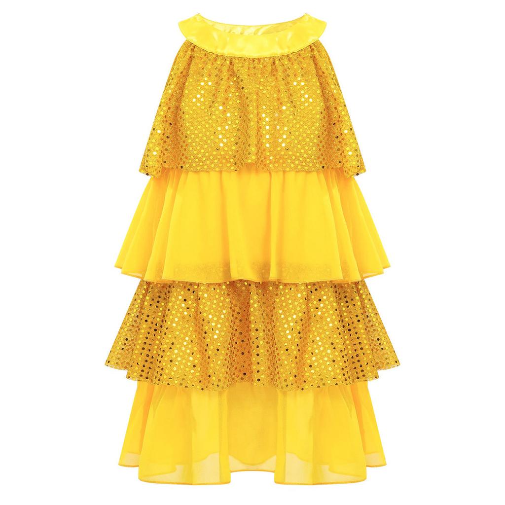 Gestuftes Rüschen-Mädchen-Tanzkleid Glänzende Pailletten Patchwork A-Linie Ärmellos Aufführungskostüm