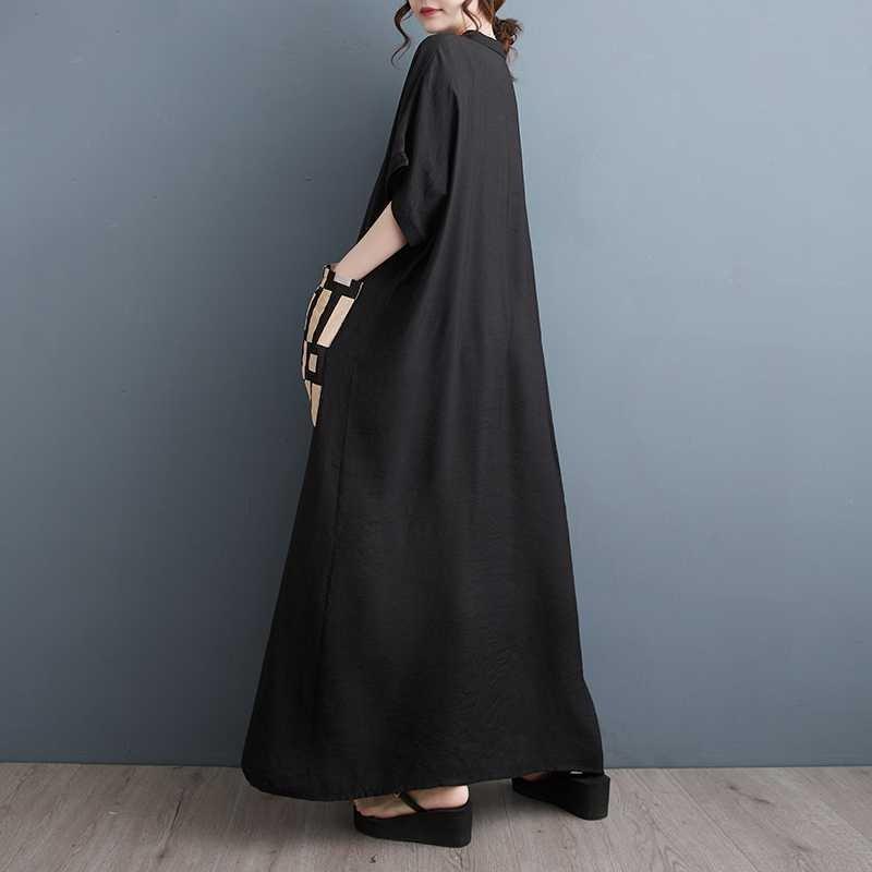 Summer New Printing Thin V-neck Short-sleeved Color Collision Splicing Black Long Dresses