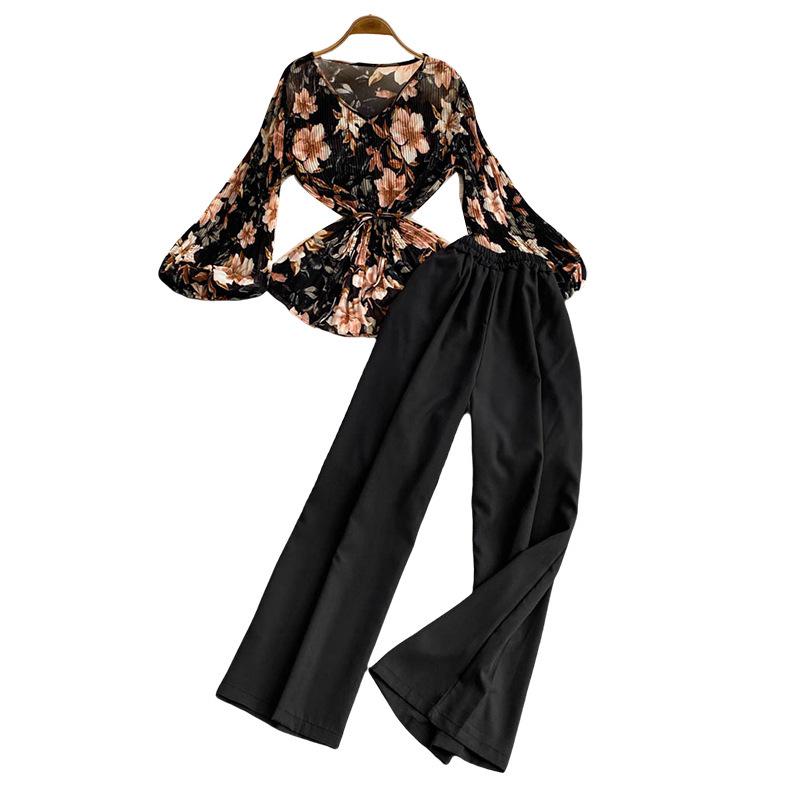 Mature Style Two-Piece Women's Suit: Loose Floral Pleated Shirt & High Waist Wide Leg Trousers