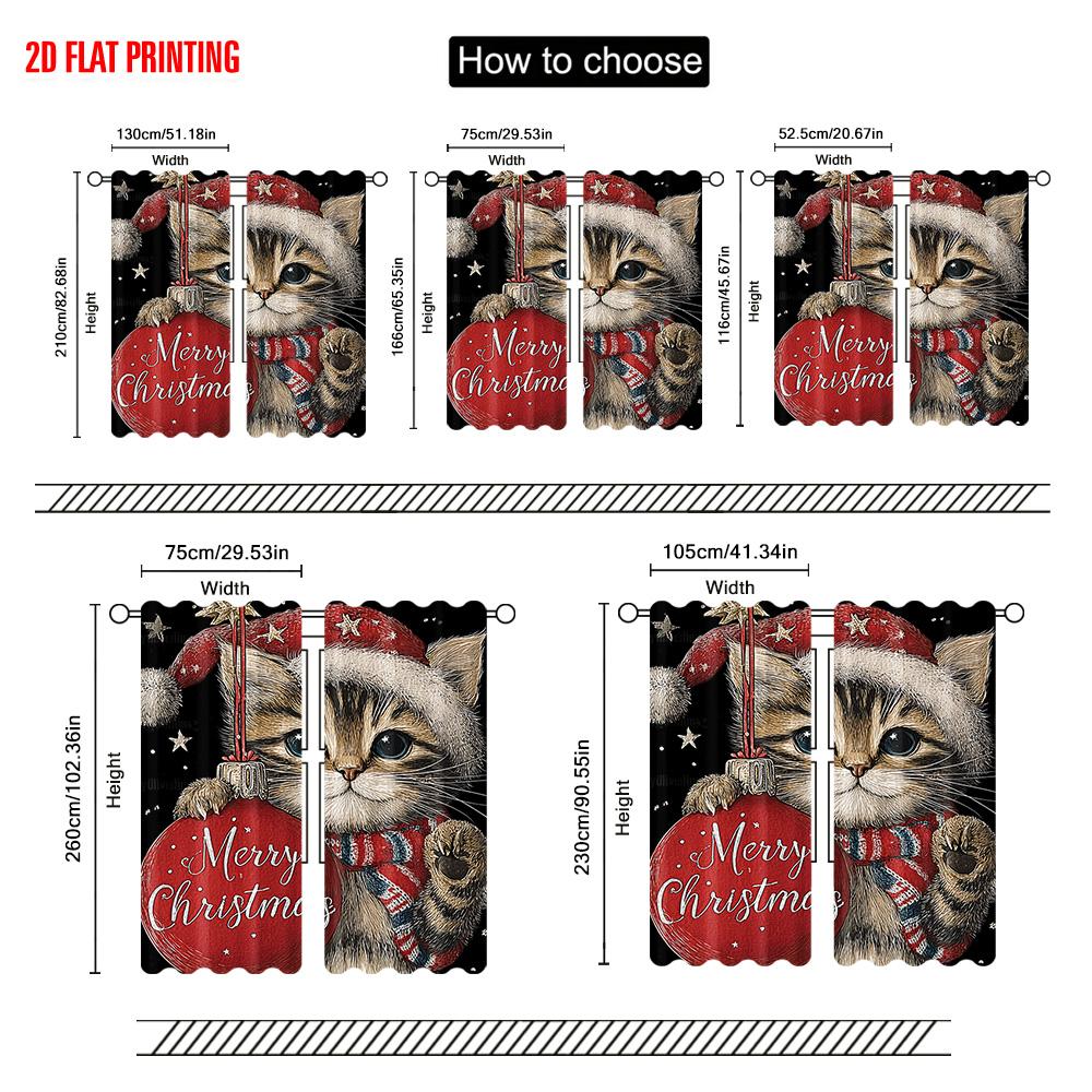 2pcs, plane printing Curtains&Window Treatment Santa Hat Red Cat_ Lantern & Snowflakes Versatile Polyester Fabric (without