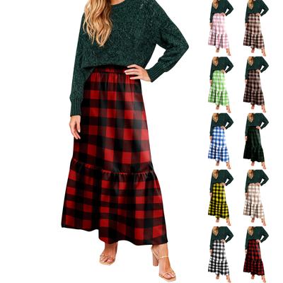 Women's Ruffled Casual Long Skirt Plaid Skirt Retro Pleated Skirt