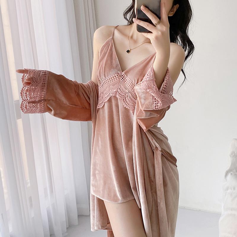 Women's pajamas spring and autumn new golden velvet suspender nightgown two-piece set luxury noble loungewear can be worn outside