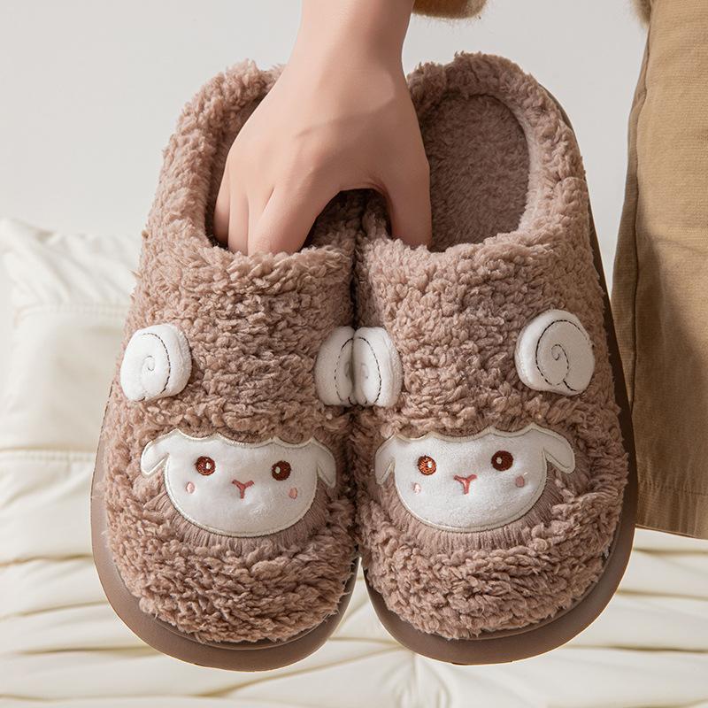 Cute lamb cartoon cotton slippers women's autumn and winter home indoor velvet warm thick bottom non-slip fluffy slippers