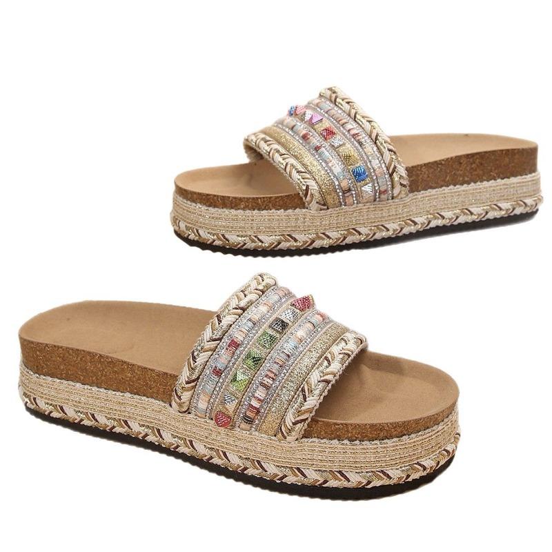 Damskie sandały na platformie w stylu boho, wielokolorowe, plecione, wsuwane