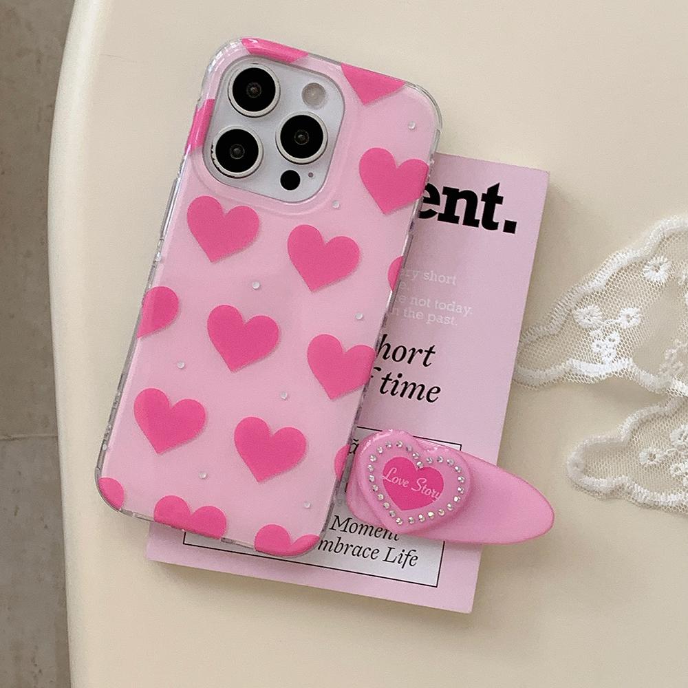 Cute Pink Heart Love Pattern Bracket Stand Holder Phone Case for IPhone 16 15 14 13 Pro Max Shockproof Slim Soft Bumper Cover