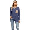 Spring Autumn Long Sleeve O Neck Striped Single Pocket Women Pullover T Shirt Blouse Top