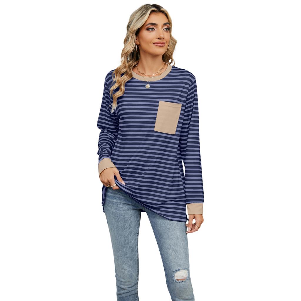 Spring Autumn Long Sleeve O Neck Striped Single Pocket Women Pullover T Shirt Blouse Top
