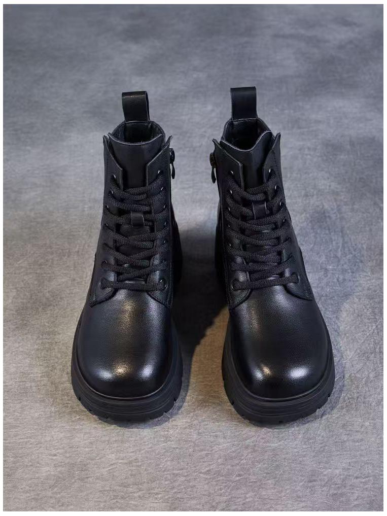 Women's Soft Leather Martin Boots, Thick Sole, British Style, Plus Velvet, Versatile Ankle Boots for Autumn/Winter 2025.