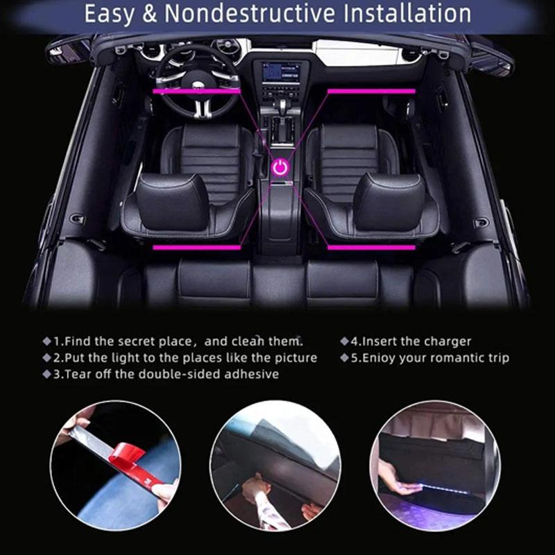 Neon Car Interior Ambient Foot Lights LED Strip USB Wireless Remote Control Lighting RGB Atmosphere Decorative Lamp 8 Colors