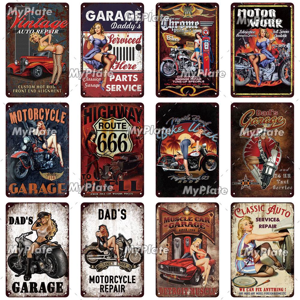 Motorcycle Garage Metal Sign Vintage Plaque Tin Sign Plate Wall Decor For Bar Man Cave Sign Pinup Girl Poster