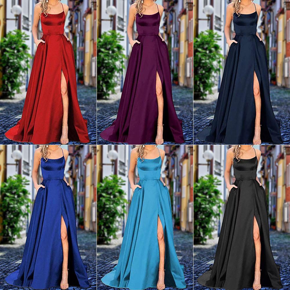 

Women Wedding Bride Bridesmaids Elegant Sleeveless Pleat Split Suspender Strap Maxi Long Dress Party Ball Gown S белый