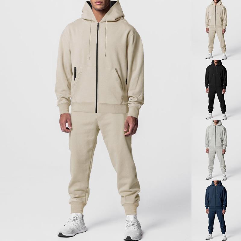 

Autumn and winter men s solid color long-sleeved trousers hooded sports and leisure velvet warm thickened suit S