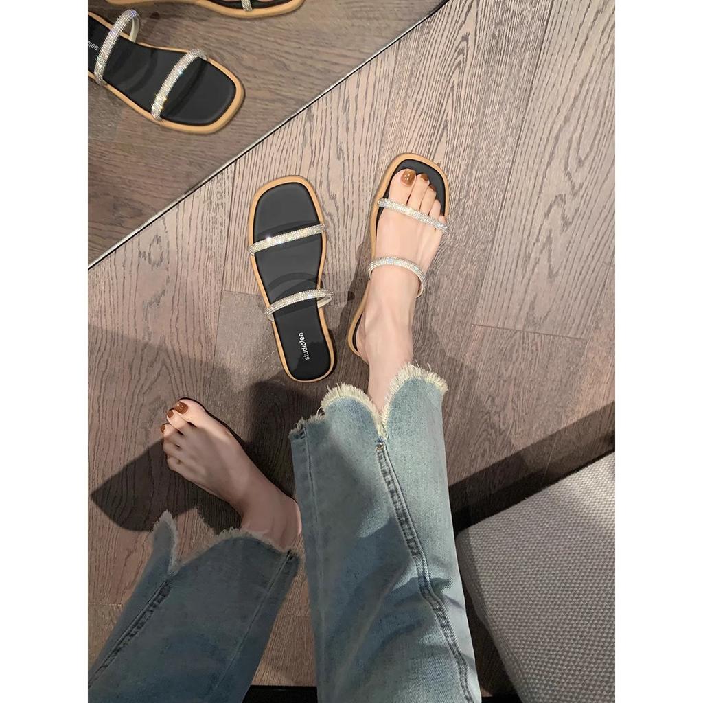 Sheepskin Version~ Simple Square Head Sparkling Double Word with Flat Bottom Padded Slippers for Women