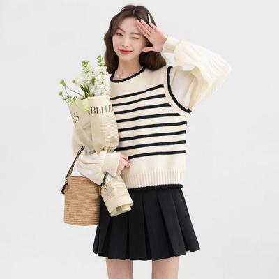 Pull à rayures épissées faux deux pièces pull tricoté femmes printemps col rond beau pull doux manches à bulles pull femme