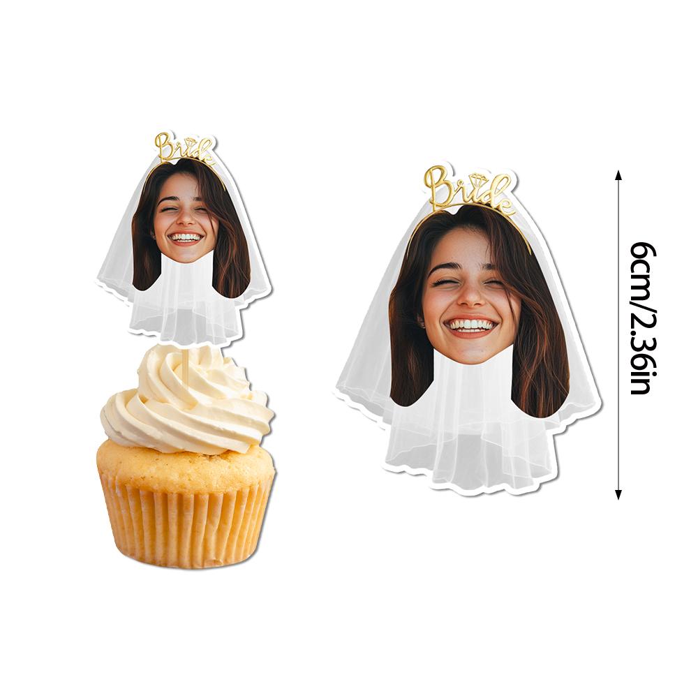 

6/12/24pcs Custom Bride Photo cake toppers Personalized Bridal Shower Veil tiara Crown Face cake topper Wedding party decoration 6pcs