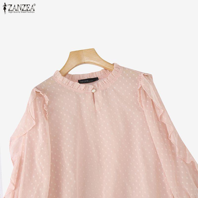 ZANZEA Womens Casual Ruffles Splice 3/4 Sleeve Summer Sheer Cover Up Blouse