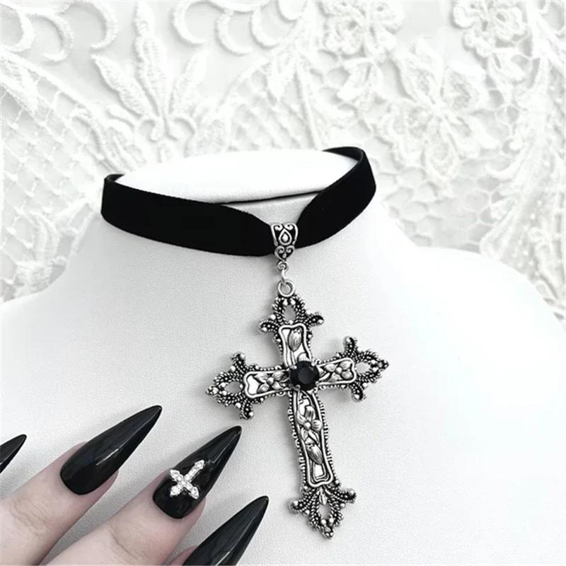 Black Velvet Cross Bead Choker Necklace Gothic Punk Jewelry for Women Halloween Statement Piece