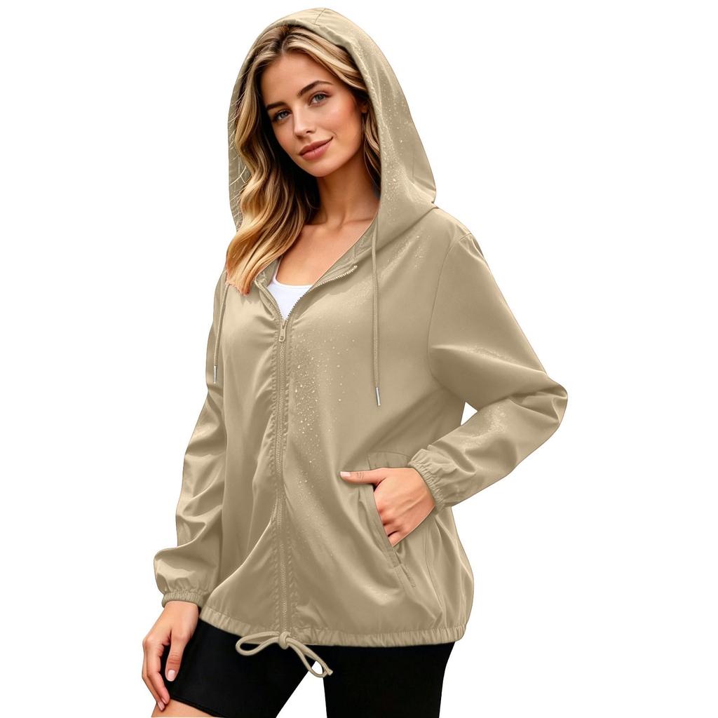 Womens Waterproof Windproof Hooded Jacket Lightweight Zip Up Outdoor Raincoat with Adjustable Drawstring Hem and Elastic Cuffs