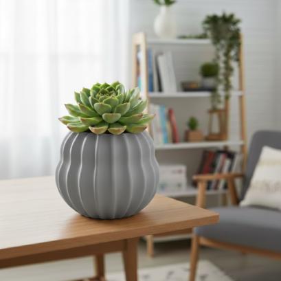 Modern gray barrel-shaped plant pot