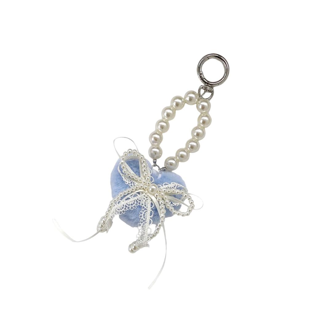 Lovely Heart Shaped Fluffy Keychain with Lace Pearls Detail Decorative Bowknot Bag Charm for Women Girls Gift