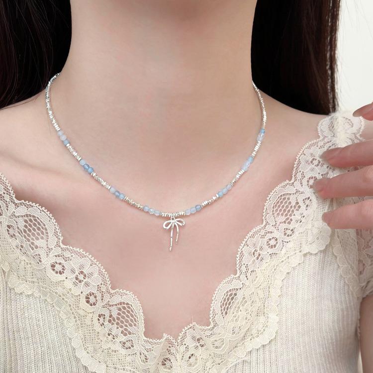 Chic French Sweet Blue Beaded Sterling Silver Bow Necklace & Bracelet Set