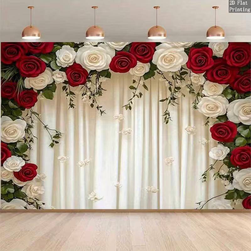 

2D Red & White Rose Curtain Backdrop for Wedding Ceremony & Engagement Party 47.2x31.5inch/120*80cm