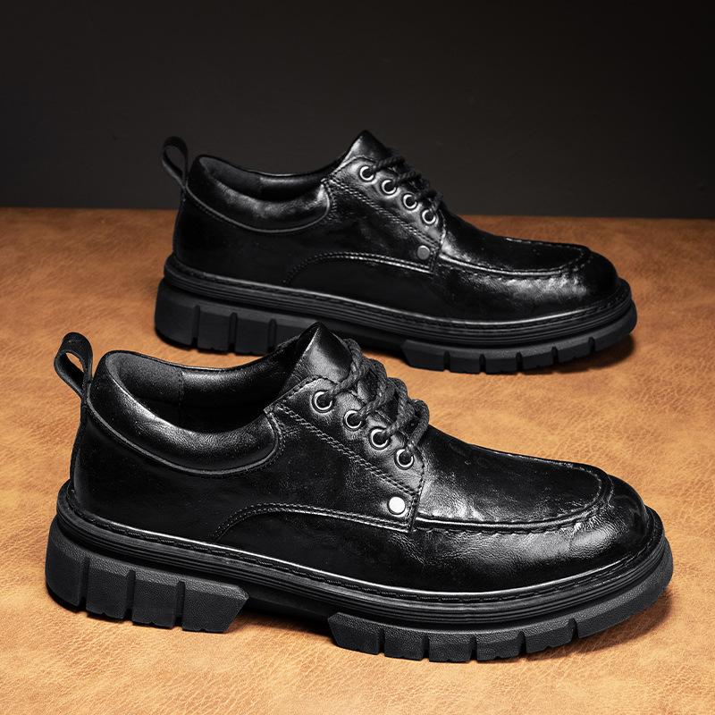 

Осенняя новинка из микрофибры, кожаная поверхность, черная, деловая, универсальная, маленькая, кожаная обувь, толстая подошва, усиливающая шнуровку, круглая мужская обувь 44