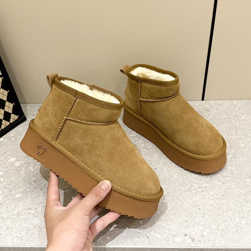 

Зимние ботинки для женщин, коровья замша, толстая хлопковая подошва, теплые ботинки, универсальная хлопковая обувь, осенне-зимняя, с интегрированным мехом, косой носок 40 коричневый