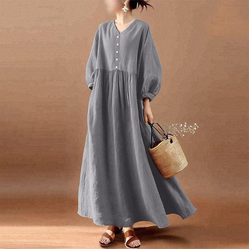 ZANZEA Women Casual V-Neck Loose Long Sleeve Solid Long Dress