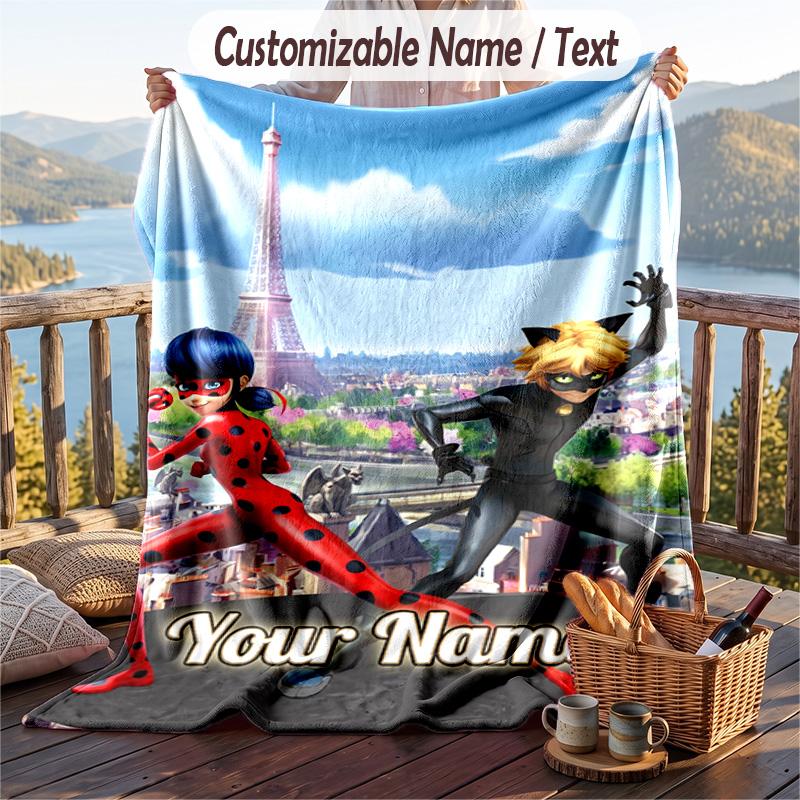 Miraculous Ladybug Flannel Blanket, Personalized Custom Name Text, Soft Warm Plush Throw Blanket For Gift