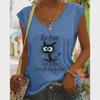 2024 V-Neck Cap Sleeve Black Cat Print Loose Vest