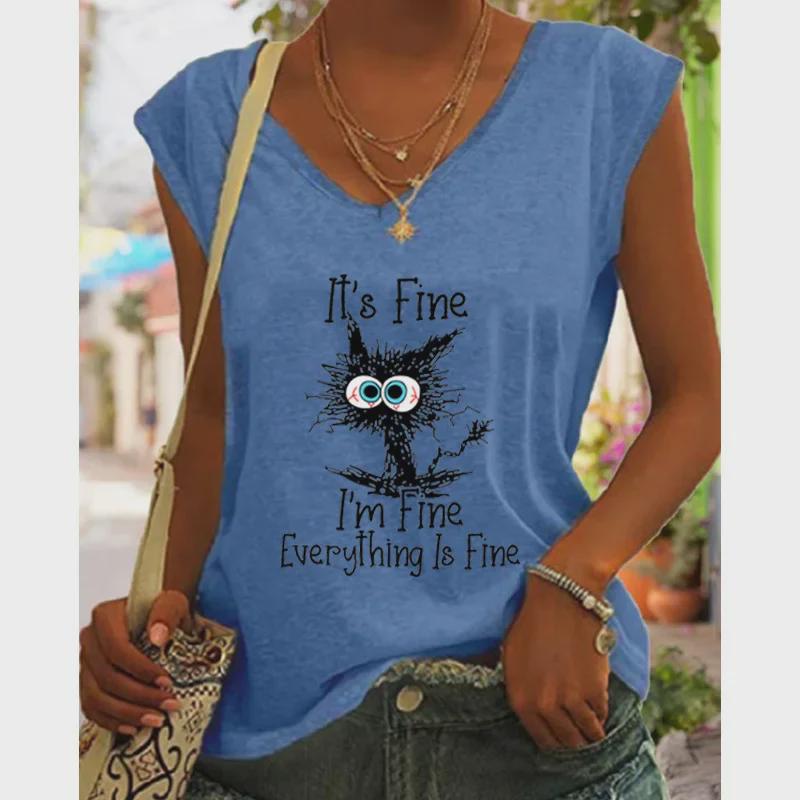 2024 V-Neck Cap Sleeve Black Cat Print Loose Vest