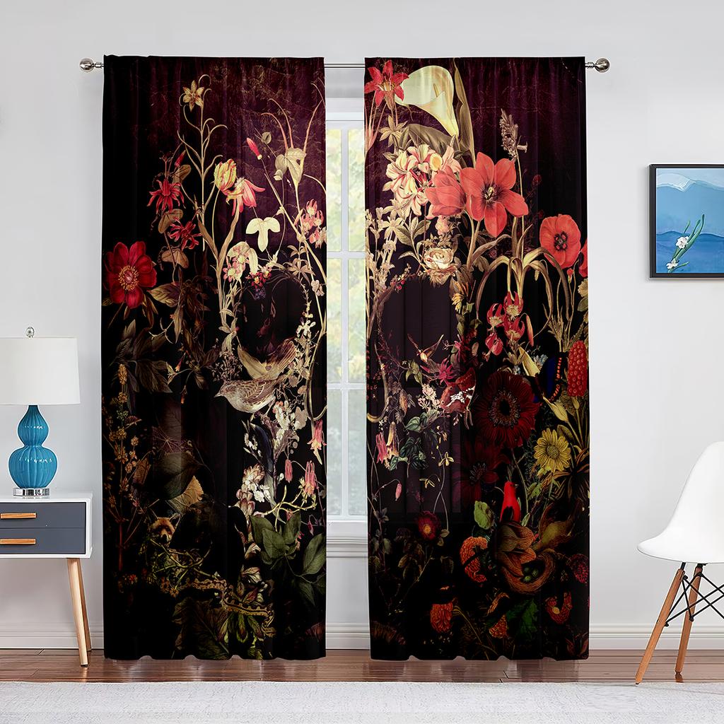 Czaszka Kwiatowy Szkielet Kolorowe Kwiaty Przezroczysta Woalowa Zasłona do Salonu Sypialni Draperia Okienna Kuchenna Szyfonowa Tiulowa Zasłona